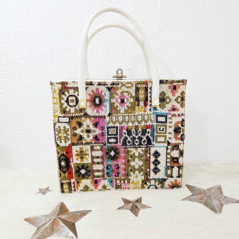 Vintage Tapestry Satchel Bag Rainbow Geometric Boho White Leather Kisslock Frame